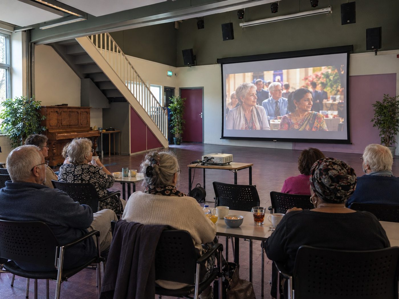 Buurtbewoners kijken samen een film op een groot scherm in een buurtzaal