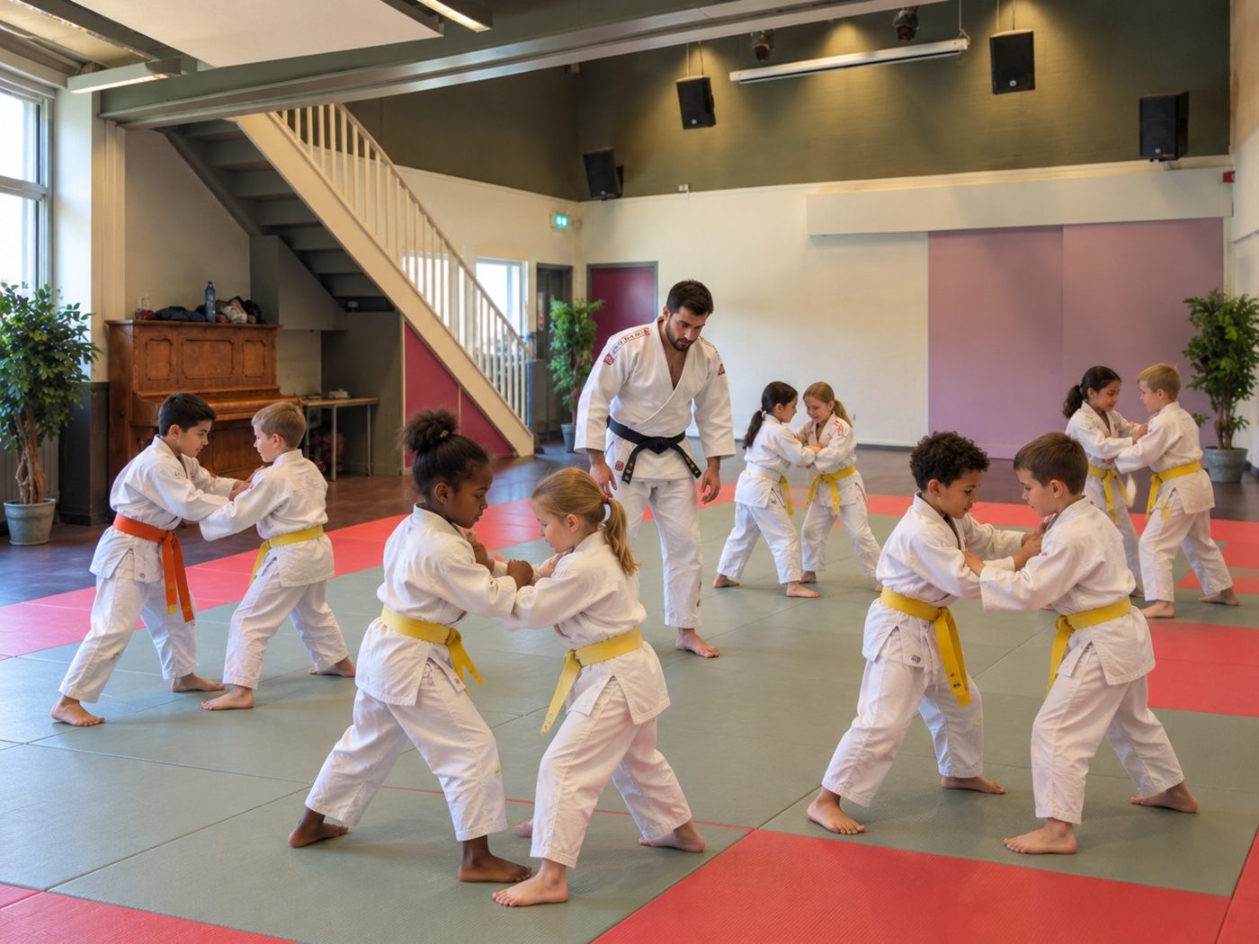 Kinderen krijgen judoles op matten in dezelfde buurtzaal