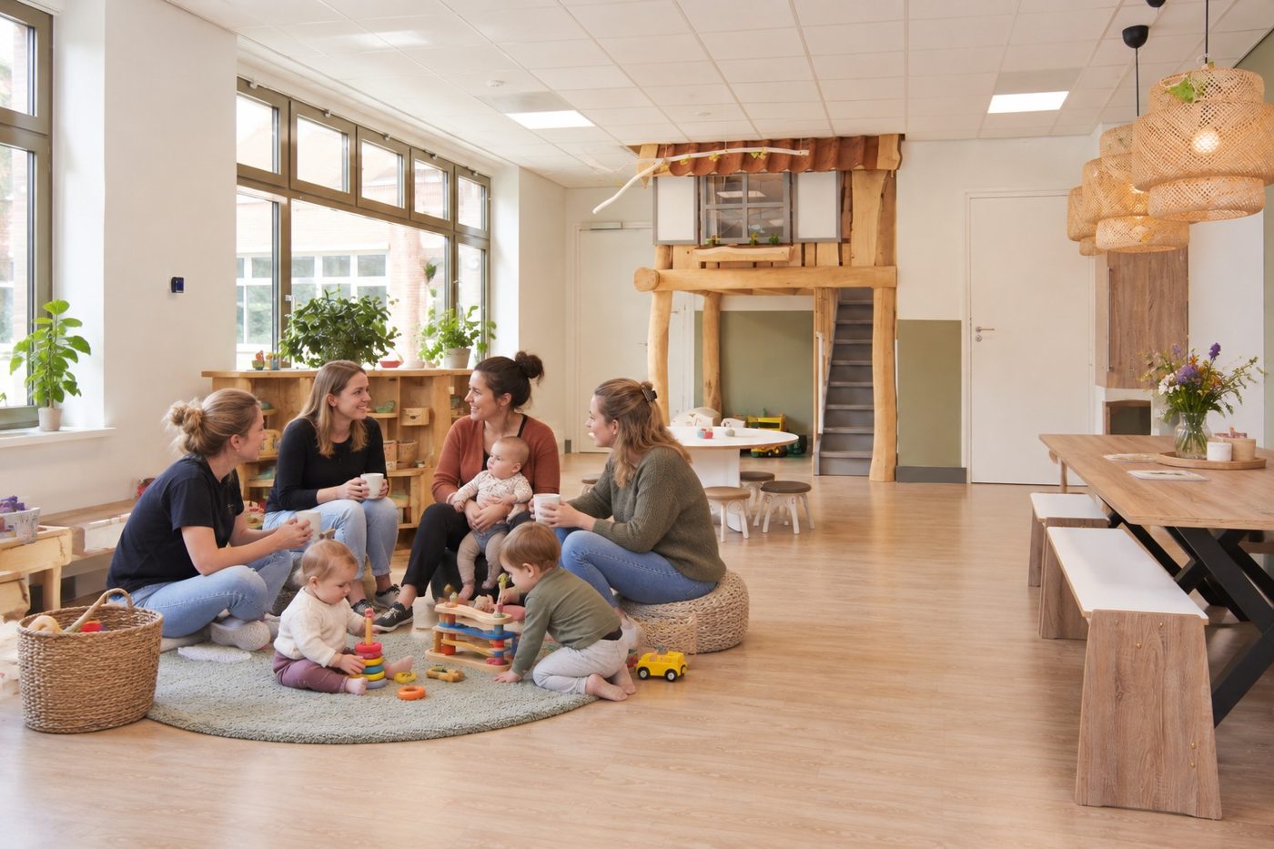 Ouders en peuters spelen samen op een kleed in een lichte, ruime buurtruimte